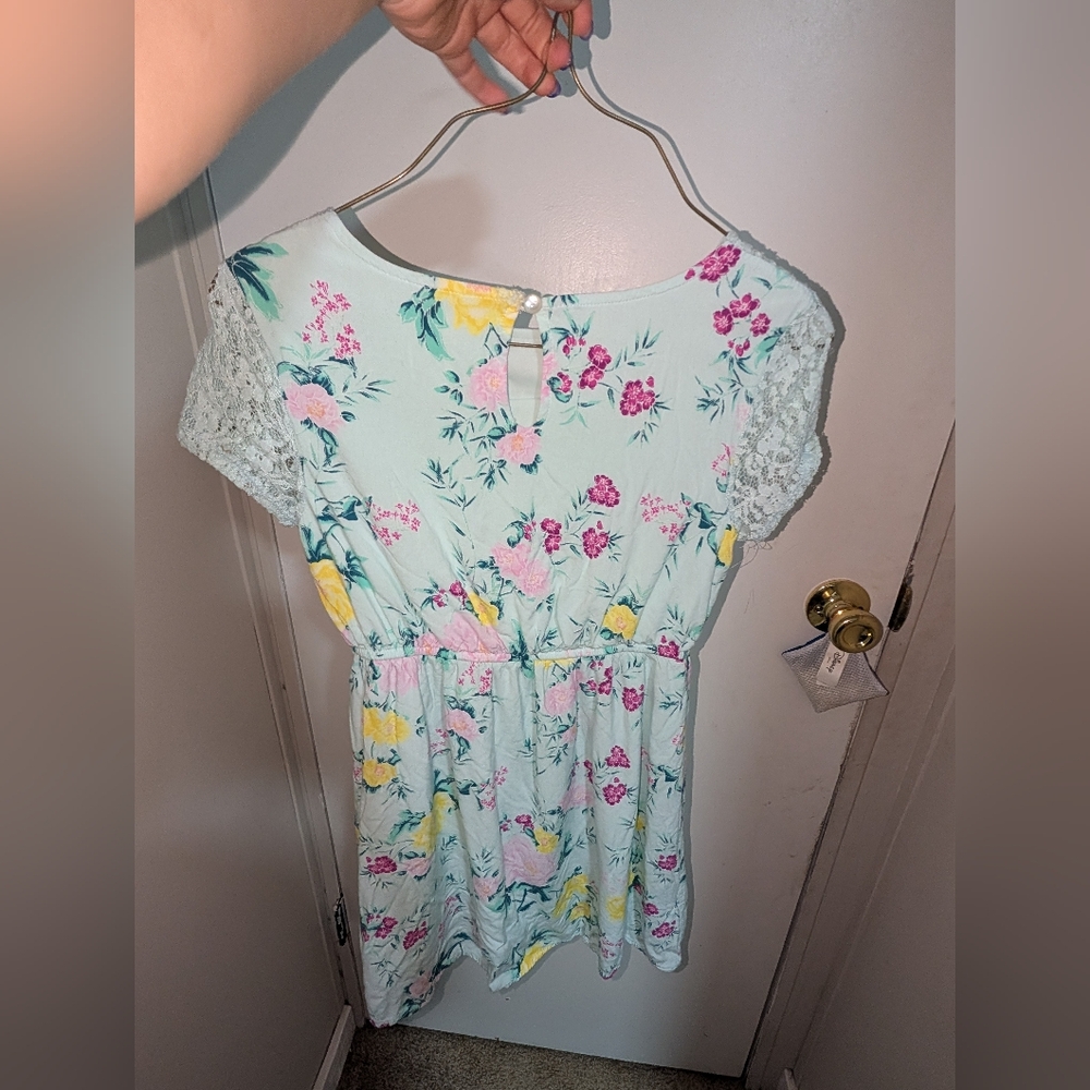 SO Floral Lace Sleeve Dress - Mint and Pink